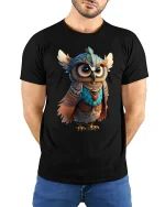 Colorful Tribal Owl Spirit Tee with Cute Fantasy Art Design - model wearing black tee with hands behind back
