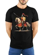 Medieval Knight Rider Tee with Bold Warrior Horse Artwork - model wearing black tee with hands behind back