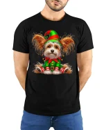 Cute Christmas Elf Dog Tee with Festive Holiday Puppy Art - model wearing black tee with hands behind back