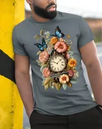 Vintage Floral Clock Butterfly Art Tee for Timeless Style - model wearing grey tee, leaning on column