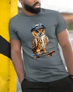 Skateboarding Owl Tee with Cool Cap and Street Style Art - model wearing grey tee, leaning on column