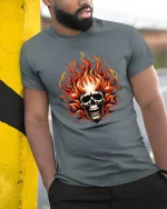 Flaming Skull Tee with Fierce Fire Artwork for Bold Style - model wearing grey tee, leaning on column
