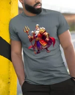 Mighty Warrior King Tee with Epic Royal Armor Artwork - model wearing grey tee, leaning on column