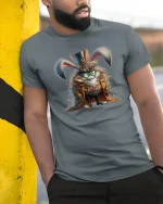 Steampunk Bunny Adventurer Tee with Fantasy Gear Art - model wearing grey tee, leaning on column