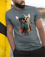 Colorful Tribal Owl Spirit Tee with Cute Fantasy Art Design - model wearing grey tee, leaning on column