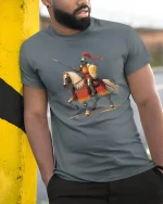 Medieval Knight Rider Tee with Bold Warrior Horse Artwork - model wearing grey tee, leaning on column