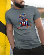 Colorful Jester Art Tee with Vibrant Harlequin Clown Design - model wearing grey tee, leaning on column