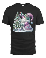 Pastel Christmas Santa Decorating Tree Winter Magic Graphic Tee - black t-shirt on white background