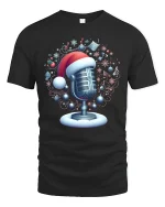 Christmas Microphone Santa Hat Musical Holiday Magic Tee - black t-shirt on white background