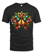 Festive Christmas Bells Candy Cane Holiday Cheer Graphic Tee - black t-shirt on white background