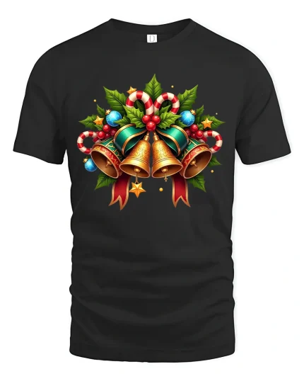 Festive Christmas Bells Candy Cane Holiday Cheer Graphic Tee - black t-shirt on white background