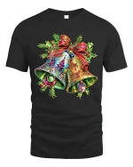 Vibrant Christmas Bells Detailed Holiday Art Festive Graphic Tee - black t-shirt on white background