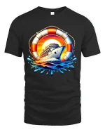 Sunset Cruise Ship Adventure Splash Graphic Travel Tee - black t-shirt on white background