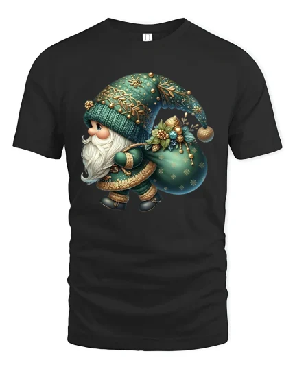 Cute Christmas Gnome Carrying Gifts Teal Holiday Art Graphic Tee - black t-shirt on white background