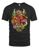Vibrant Oni Mask Snake Floral Fusion Fierce Graphic Art Tee - black t-shirt on white background