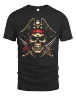 Fierce Pirate Skull Crossed Swords Red Bandana Graphic Tee - black t-shirt on white background