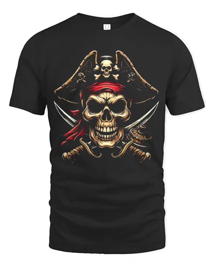 Fierce Pirate Skull Crossed Swords Red Bandana Graphic Tee - black t-shirt on white background