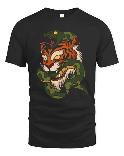 Fierce Tiger and Snake Battle Bold Warrior Graphic Art Tee - black t-shirt on white background