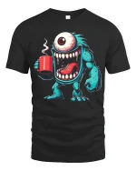 Funny Coffee Monster One Eyed Morning Chaos Cartoon Tee - black t-shirt on white background