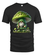 Whimsical Mushroom Gnome Rainy Forest Magic Graphic Tee - black t-shirt on white background