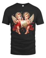 Romantic Cupid Twins Love Heart Vintage Angel Art Tee - black t-shirt on white background