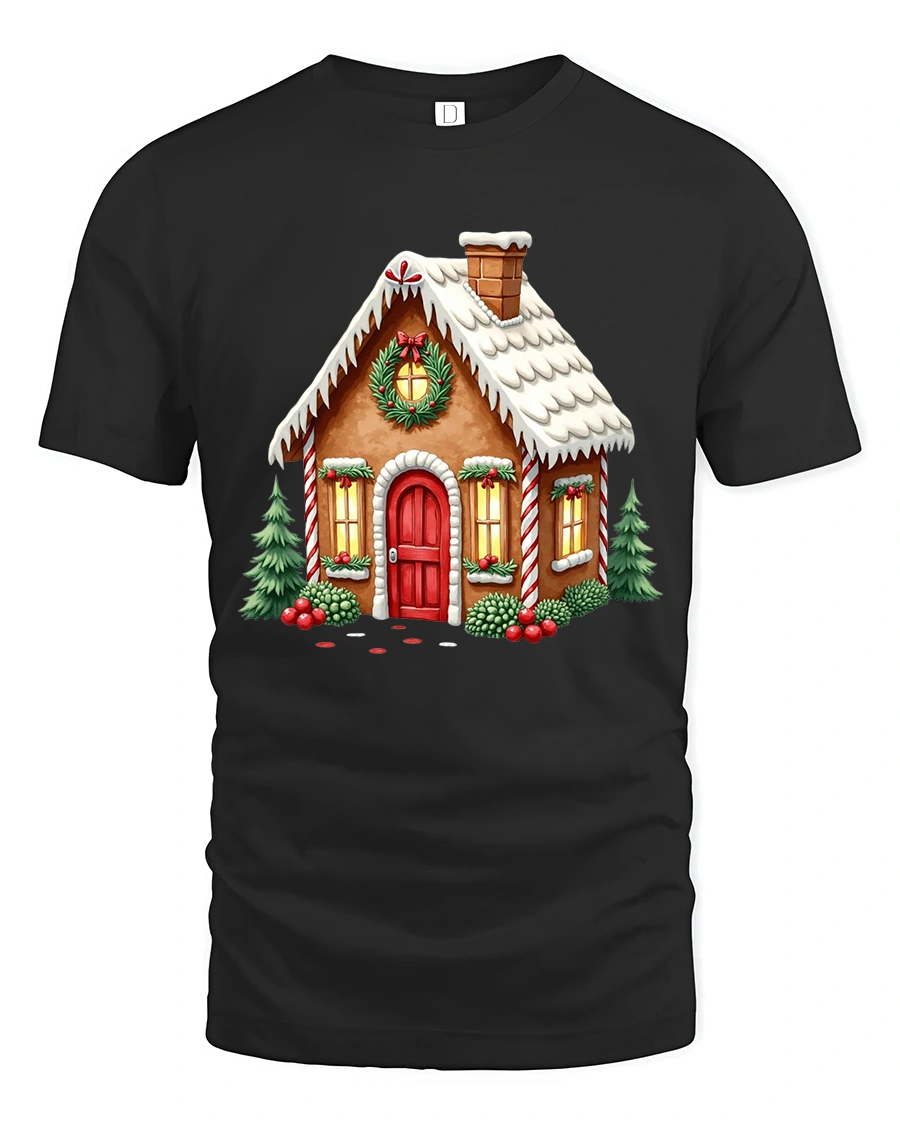 Cozy Gingerbread Christmas House Holiday Magic Graphic Tee - 1 Cozy Gingerbread Christmas House Holiday Magic Graphic Tee - black t-shirt on white background