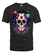 Cosmic Sugar Skull Floral Galaxy Art Vibrant Graphic Tee - black t-shirt on white background