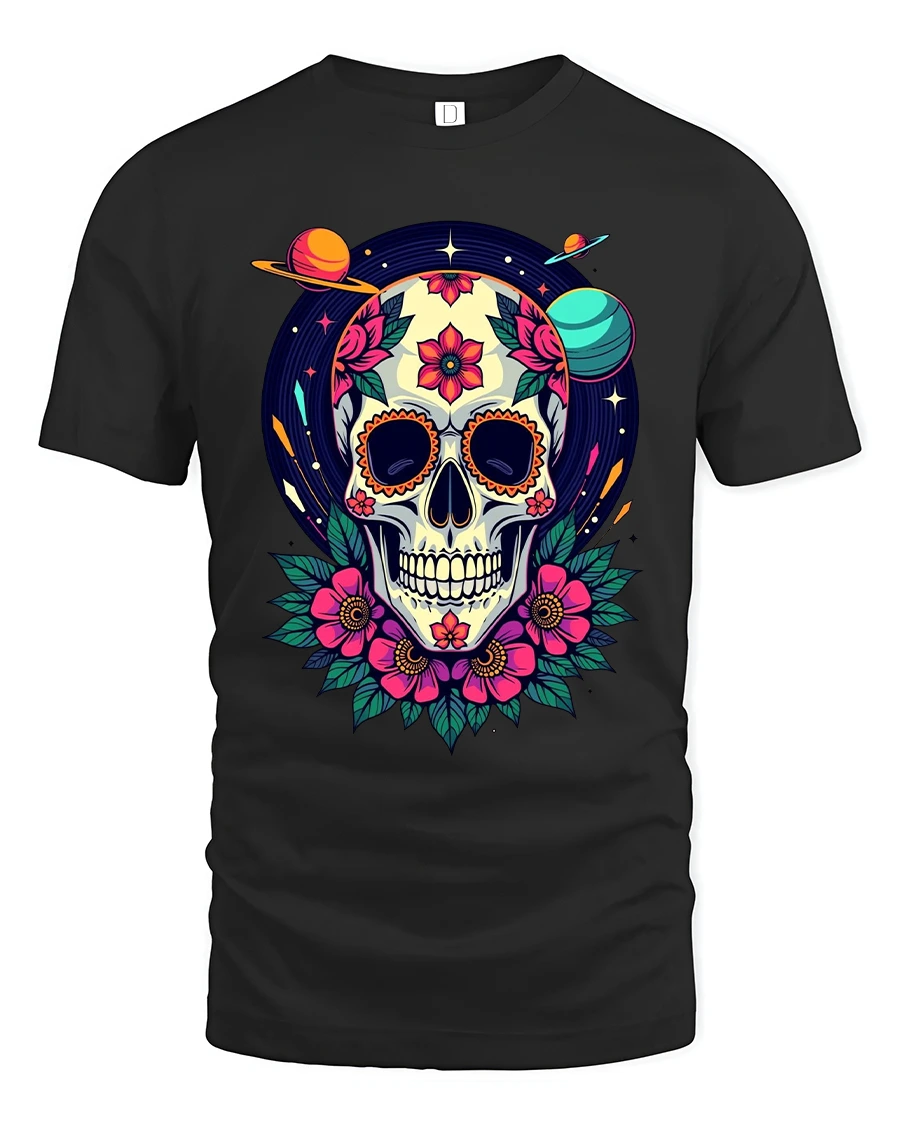 Cosmic Sugar Skull Floral Galaxy Art Vibrant Graphic Tee - 1 Cosmic Sugar Skull Floral Galaxy Art Vibrant Graphic Tee - black t-shirt on white background