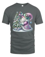 Pastel Christmas Santa Decorating Tree Winter Magic Graphic Tee - gray t-shirt on white background