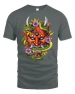 Vibrant Oni Mask Snake Floral Fusion Fierce Graphic Art Tee - gray t-shirt on white background