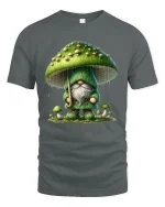Whimsical Mushroom Gnome Rainy Forest Magic Graphic Tee - gray t-shirt on white background