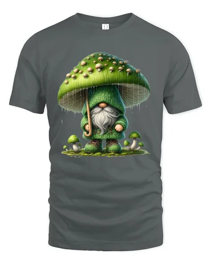 Whimsical Mushroom Gnome Rainy Forest Magic Graphic Tee - gray t-shirt on white background