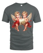 Romantic Cupid Twins Love Heart Vintage Angel Art Tee - gray t-shirt on white background