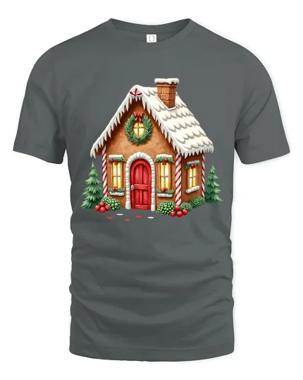 Cozy Gingerbread Christmas House Holiday Magic Graphic Tee - gray t-shirt on white background