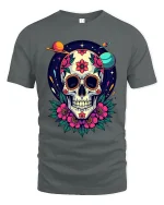 Cosmic Sugar Skull Floral Galaxy Art Vibrant Graphic Tee - gray t-shirt on white background