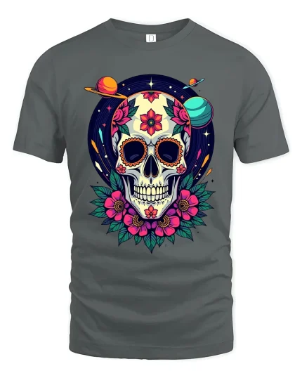 Cosmic Sugar Skull Floral Galaxy Art Vibrant Graphic Tee - gray t-shirt on white background