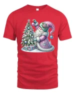 Pastel Christmas Santa Decorating Tree Winter Magic Graphic Tee - red t-shirt on white background