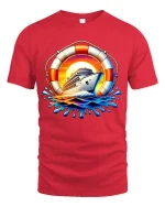 Sunset Cruise Ship Adventure Splash Graphic Travel Tee - red t-shirt on white background