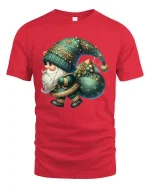 Cute Christmas Gnome Carrying Gifts Teal Holiday Art Graphic Tee - red t-shirt on white background