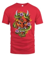 Vibrant Oni Mask Snake Floral Fusion Fierce Graphic Art Tee - red t-shirt on white background