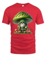Whimsical Mushroom Gnome Rainy Forest Magic Graphic Tee - red t-shirt on white background