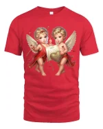 Romantic Cupid Twins Love Heart Vintage Angel Art Tee - red t-shirt on white background