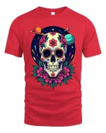 Cosmic Sugar Skull Floral Galaxy Art Vibrant Graphic Tee - red t-shirt on white background