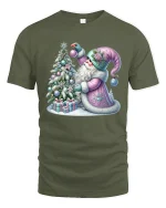 Pastel Christmas Santa Decorating Tree Winter Magic Graphic Tee - military green t-shirt on white background