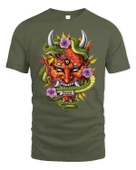 Vibrant Oni Mask Snake Floral Fusion Fierce Graphic Art Tee - military green t-shirt on white background