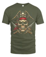 Fierce Pirate Skull Crossed Swords Red Bandana Graphic Tee - military green t-shirt on white background