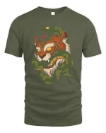 Fierce Tiger and Snake Battle Bold Warrior Graphic Art Tee - military green t-shirt on white background