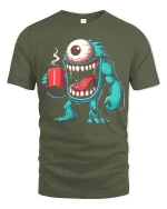 Funny Coffee Monster One Eyed Morning Chaos Cartoon Tee - military green t-shirt on white background
