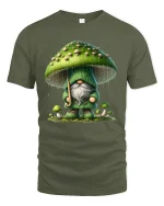 Whimsical Mushroom Gnome Rainy Forest Magic Graphic Tee - military green t-shirt on white background