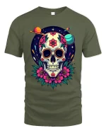 Cosmic Sugar Skull Floral Galaxy Art Vibrant Graphic Tee - military green t-shirt on white background